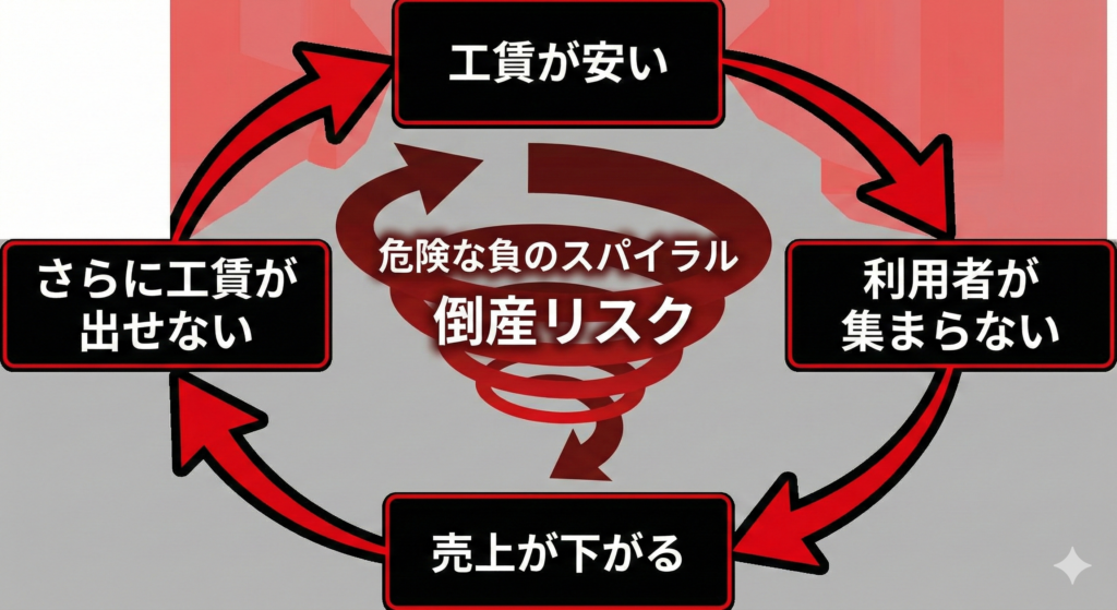 就労継続支援B型の経営悪化の負のスパイラル図。工賃が安いと利用者が集まらず、売上が下がり、さらに工賃が出せなくなる悪循環を示した図解